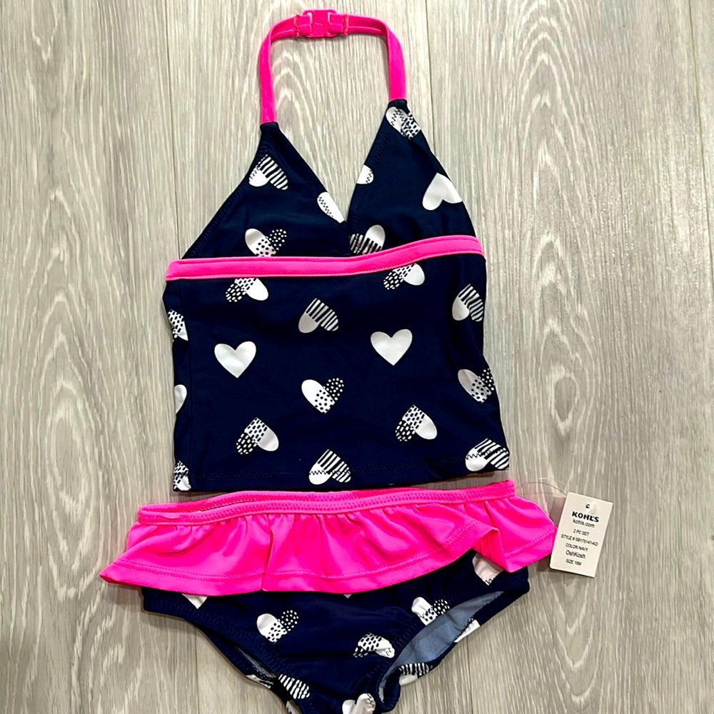 NWT 2-piece navy blue bikini with hearts and pink trim, size 18M